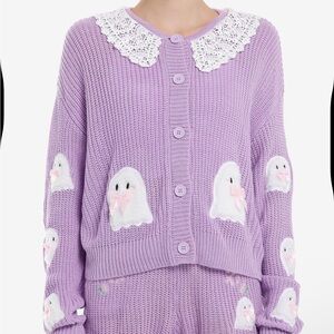 Sweet Society Lavender Coquette Lamb Appliqué Lace Collar Cardigan Sweater Sz S